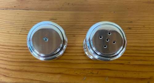 SALT and PEPPER PAIR of SHAKERS / CELLARS EPNS ALPADUR + METALDUI VERY HEAVY both 529.3 GRAMS!!!