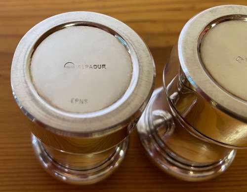 SALT and PEPPER PAIR of SHAKERS / CELLARS EPNS ALPADUR + METALDUI VERY HEAVY both 529.3 GRAMS!!!