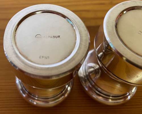 SALT and PEPPER PAIR of SHAKERS / CELLARS EPNS ALPADUR + METALDUI VERY HEAVY both 529.3 GRAMS!!!