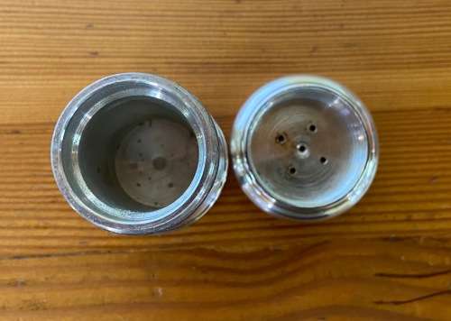 SALT and PEPPER PAIR of SHAKERS / CELLARS EPNS ALPADUR + METALDUI VERY HEAVY both 529.3 GRAMS!!!