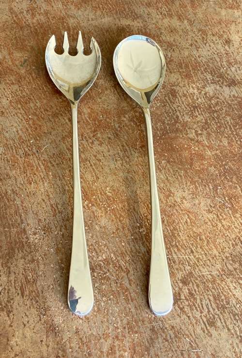 SALAD SERVERS PAIR CHROMED? SILVER PLATED??