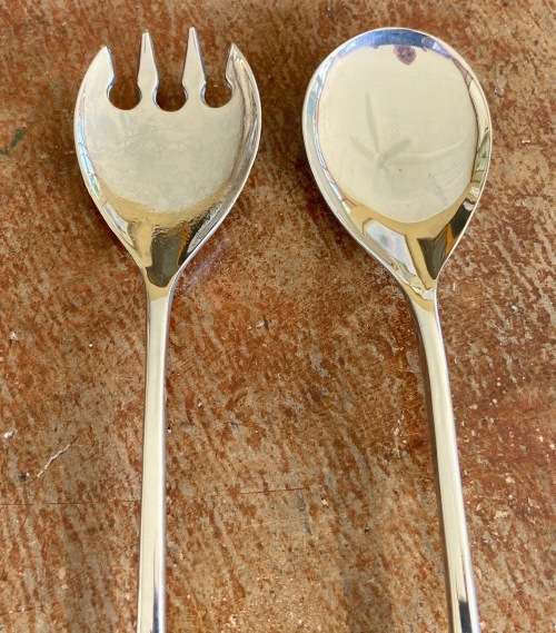 SALAD SERVERS PAIR CHROMED? SILVER PLATED??