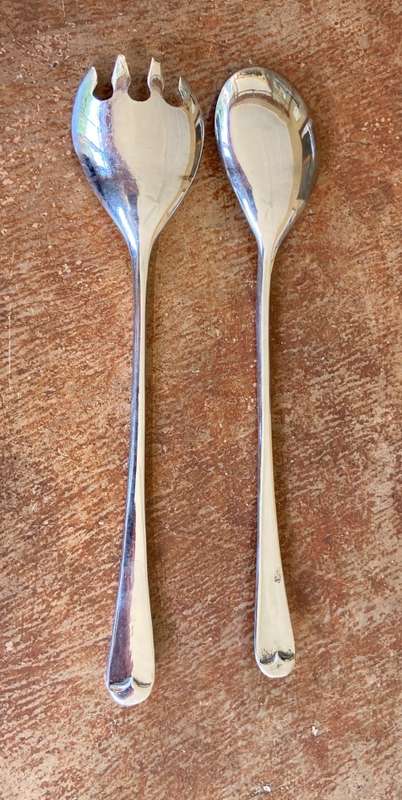 SALAD SERVERS PAIR CHROMED? SILVER PLATED??