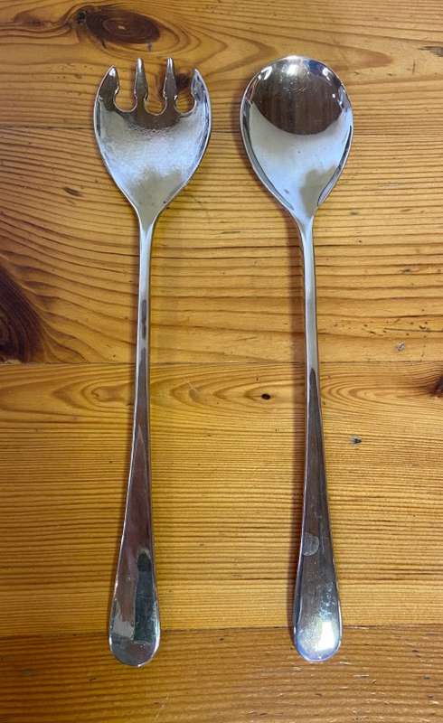 SALAD SERVERS PAIR CHROMED? SILVER PLATED??