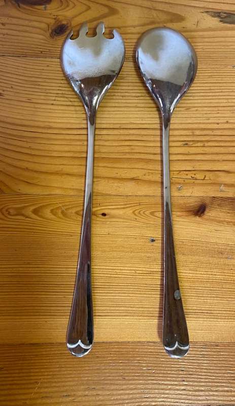 SALAD SERVERS PAIR CHROMED? SILVER PLATED??