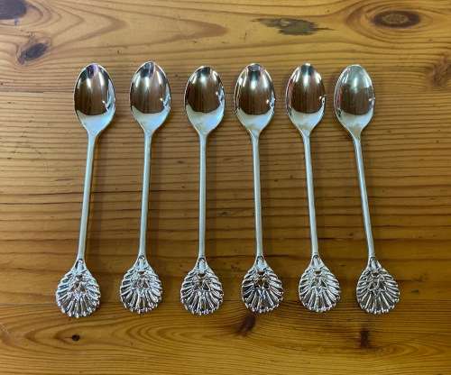 SILVER PLATED COFFEE / TEA SPOONS x 6 BRAND NEW BOXED PLASTIC SLEEVED SHELL DESIGNED END STUTTAFORDS