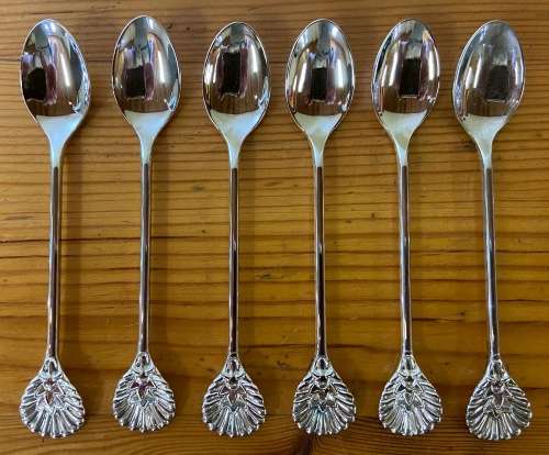 SILVER PLATED COFFEE / TEA SPOONS x 6 BRAND NEW BOXED PLASTIC SLEEVED SHELL DESIGNED END STUTTAFORDS