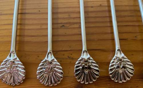 SILVER PLATED COFFEE / TEA SPOONS x 6 BRAND NEW BOXED PLASTIC SLEEVED SHELL DESIGNED END STUTTAFORDS