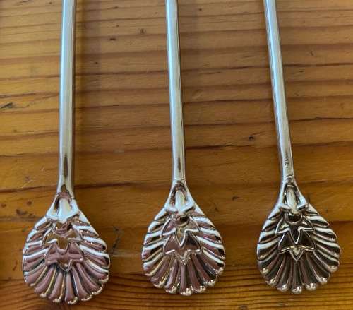 SILVER PLATED COFFEE / TEA SPOONS x 6 BRAND NEW BOXED PLASTIC SLEEVED SHELL DESIGNED END STUTTAFORDS