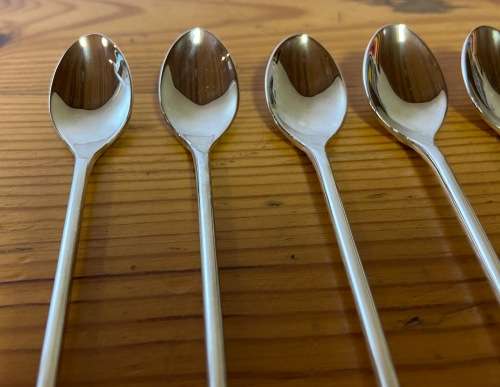 SILVER PLATED COFFEE / TEA SPOONS x 6 BRAND NEW BOXED PLASTIC SLEEVED SHELL DESIGNED END STUTTAFORDS