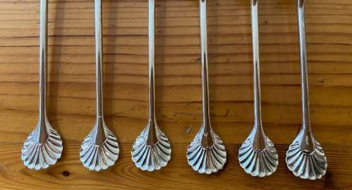 SILVER PLATED COFFEE / TEA SPOONS x 6 BRAND NEW BOXED PLASTIC SLEEVED SHELL DESIGNED END STUTTAFORDS