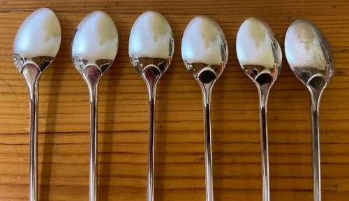SILVER PLATED COFFEE / TEA SPOONS x 6 BRAND NEW BOXED PLASTIC SLEEVED SHELL DESIGNED END STUTTAFORDS