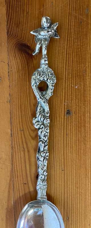 VINTAGE ORNATE FIGURAL TEASPOON CHERUB ANGEL Romulus Remus? ITALY SILVER PLATED?