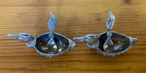 JENNA CLIFFORD=PEWTER=950=PAIR of FLOATING DUCK OPEN SALTS with MATCHING FEATHER SPOONS=STUNNING!!!!