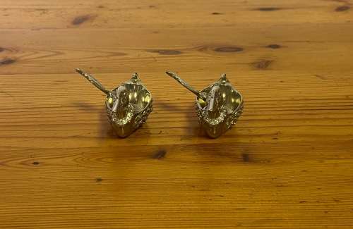 JENNA CLIFFORD=PEWTER=950=PAIR of FLOATING DUCK OPEN SALTS with MATCHING FEATHER SPOONS=STUNNING!!!!