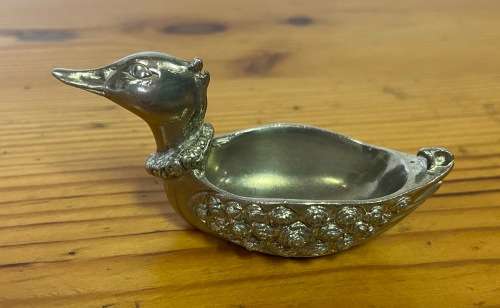 JENNA CLIFFORD=PEWTER=950=PAIR of FLOATING DUCK OPEN SALTS with MATCHING FEATHER SPOONS=STUNNING!!!!