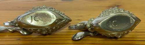 JENNA CLIFFORD=PEWTER=950=PAIR of FLOATING DUCK OPEN SALTS with MATCHING FEATHER SPOONS=STUNNING!!!!