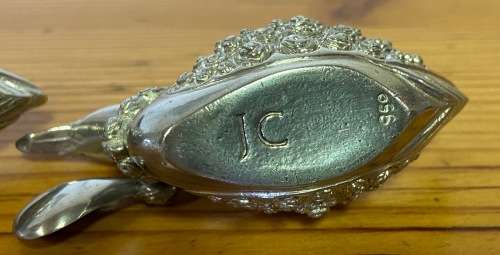 JENNA CLIFFORD=PEWTER=950=PAIR of FLOATING DUCK OPEN SALTS with MATCHING FEATHER SPOONS=STUNNING!!!!