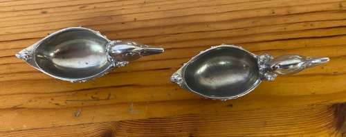 JENNA CLIFFORD=PEWTER=950=PAIR of FLOATING DUCK OPEN SALTS with MATCHING FEATHER SPOONS=STUNNING!!!!