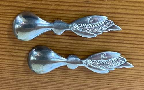 JENNA CLIFFORD=PEWTER=950=PAIR of FLOATING DUCK OPEN SALTS with MATCHING FEATHER SPOONS=STUNNING!!!!