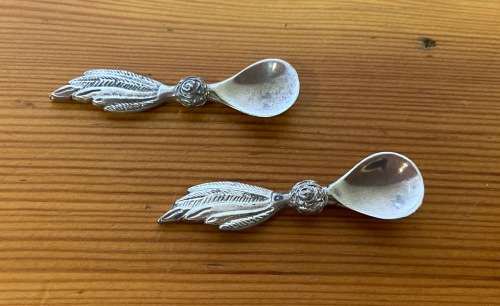 JENNA CLIFFORD=PEWTER=950=PAIR of FLOATING DUCK OPEN SALTS with MATCHING FEATHER SPOONS=STUNNING!!!!