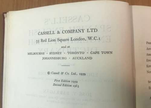 CASSELS SPANISH-ENGLISH ENGLISH-SPANISH DICTIONARY 1963 2nd EDITION SPAIN