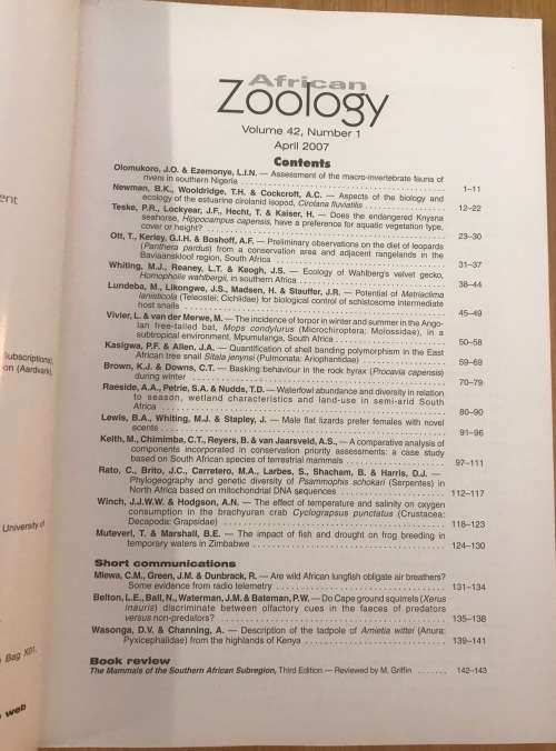 AFRICAN ZOOLOGY MAGAZINE VOLUME 42 NUMBER 1 APRIL 2007 143 Pages.