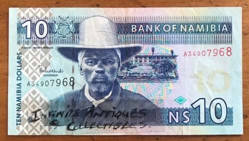 BANK OF NAMIBIA TEN NAMIBIAN DOLLARS N$10 INTERNATIONAL AFRICAN BANKNOTE A34907968 SPRINGBOK BUCK.