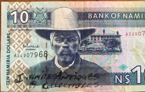 BANK OF NAMIBIA TEN NAMIBIAN DOLLARS N$10 INTERNATIONAL AFRICAN BANKNOTE A34907968 SPRINGBOK BUCK.