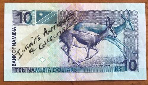 BANK OF NAMIBIA TEN NAMIBIAN DOLLARS N$10 INTERNATIONAL AFRICAN BANKNOTE A34907968 SPRINGBOK BUCK.