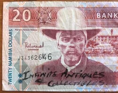 BANK OF NAMIBIA TWENTY NAMIBIAN DOLLARS N$20 INTERNATIONAL AFRICAN BANKNOTE A34907968 RED HARTEBEEST