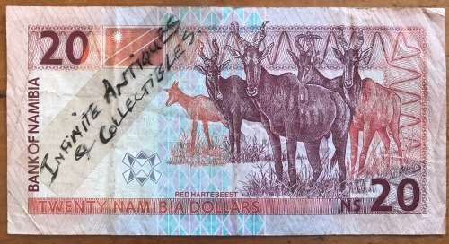 BANK OF NAMIBIA TWENTY NAMIBIAN DOLLARS N$20 INTERNATIONAL AFRICAN BANKNOTE A34907968 RED HARTEBEEST