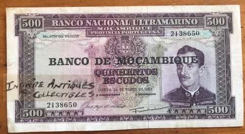 Banco Nacional Ultramarino Mozambique 500 ESCUDOS PROVINCIA PORTUGUESA 1967 2138650 LISBOA XAVIER.