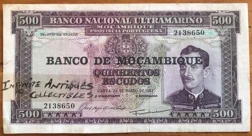 Banco Nacional Ultramarino Mozambique 500 ESCUDOS PROVINCIA PORTUGUESA 1967 2138650 LISBOA XAVIER.