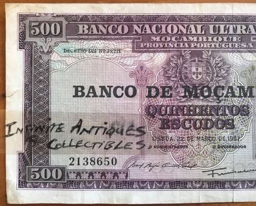 Banco Nacional Ultramarino Mozambique 500 ESCUDOS PROVINCIA PORTUGUESA 1967 2138650 LISBOA XAVIER.