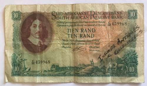 R10 SOUTH AFRICA BANKNOTE=1961-65=JAN VAN RIEBEECK=SA RESERVE BANK=TIEN RAND=M.H. de KOCK=C32 439968