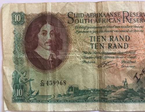 R10 SOUTH AFRICA BANKNOTE=1961-65=JAN VAN RIEBEECK=SA RESERVE BANK=TIEN RAND=M.H. de KOCK=C32 439968