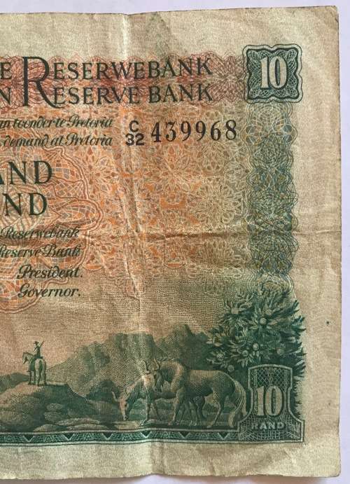 R10 SOUTH AFRICA BANKNOTE=1961-65=JAN VAN RIEBEECK=SA RESERVE BANK=TIEN RAND=M.H. de KOCK=C32 439968