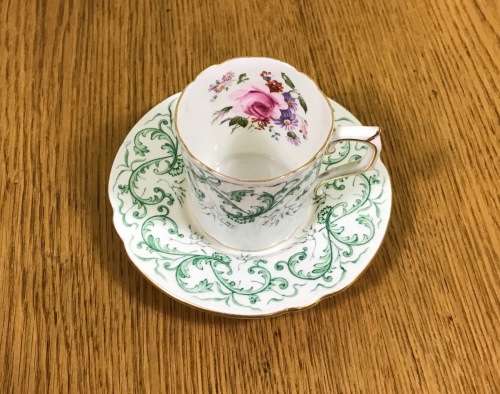 DEMITASSE COFFEE CUP + SAUCER EXPRESSO ROYAL CROWN DERBY RUTLAND PATTERN GREEN A495 FLORAL RARE!!!!!