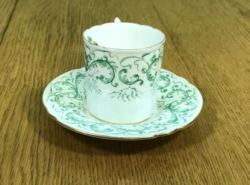 DEMITASSE COFFEE CUP + SAUCER EXPRESSO ROYAL CROWN DERBY RUTLAND PATTERN GREEN A495 FLORAL RARE!!!!!