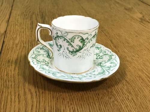 DEMITASSE COFFEE CUP + SAUCER EXPRESSO ROYAL CROWN DERBY RUTLAND PATTERN GREEN A495 FLORAL RARE!!!!!