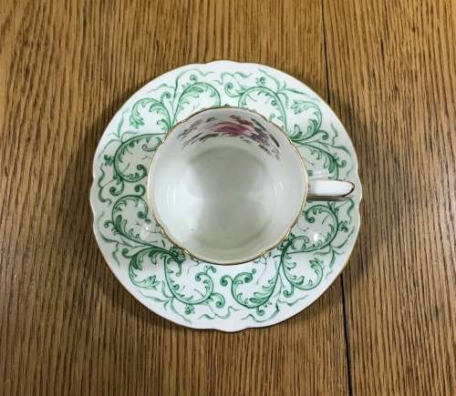 DEMITASSE COFFEE CUP + SAUCER EXPRESSO ROYAL CROWN DERBY RUTLAND PATTERN GREEN A495 FLORAL RARE!!!!!