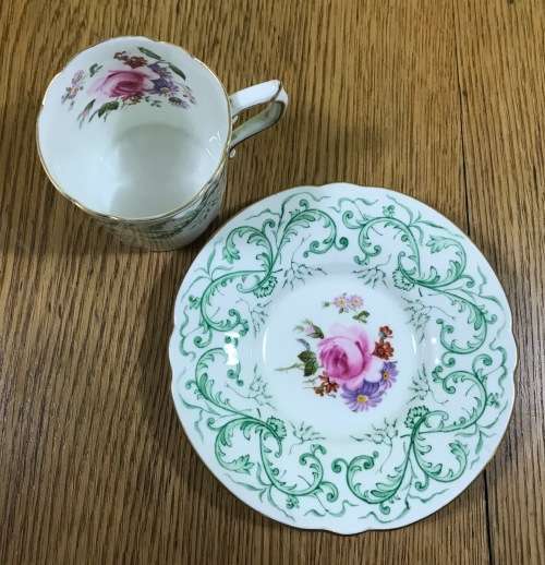 DEMITASSE COFFEE CUP + SAUCER EXPRESSO ROYAL CROWN DERBY RUTLAND PATTERN GREEN A495 FLORAL RARE!!!!!