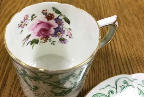 DEMITASSE COFFEE CUP + SAUCER EXPRESSO ROYAL CROWN DERBY RUTLAND PATTERN GREEN A495 FLORAL RARE!!!!!