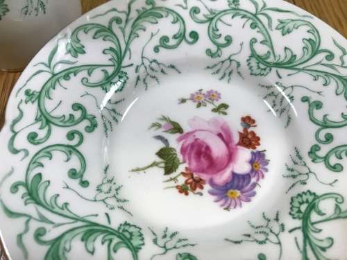 DEMITASSE COFFEE CUP + SAUCER EXPRESSO ROYAL CROWN DERBY RUTLAND PATTERN GREEN A495 FLORAL RARE!!!!!