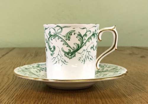 DEMITASSE COFFEE CUP + SAUCER EXPRESSO ROYAL CROWN DERBY RUTLAND PATTERN GREEN A495 FLORAL RARE!!!!!