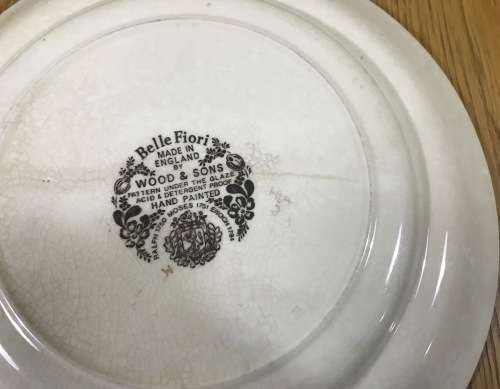 BELLE FIORI=MEAT=MAIN COURSE=DINNER PLATE=WOOD and SONS=HAND PAINTED=ENGLAND=FLOWERS=BELLE FIORE.