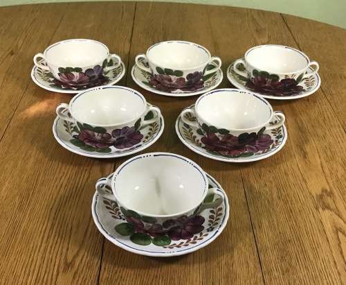 BELLE FIORI SOUP BOUILLONS + UNDER PLATES x 6 WOOD and SONS HAND PAINTED ENGLAND FLOWERS BELLE FIORE