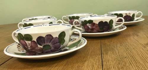 BELLE FIORI SOUP BOUILLONS + UNDER PLATES x 6 WOOD and SONS HAND PAINTED ENGLAND FLOWERS BELLE FIORE