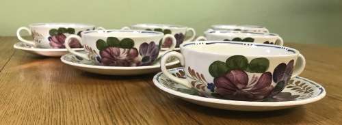 BELLE FIORI SOUP BOUILLONS + UNDER PLATES x 6 WOOD and SONS HAND PAINTED ENGLAND FLOWERS BELLE FIORE